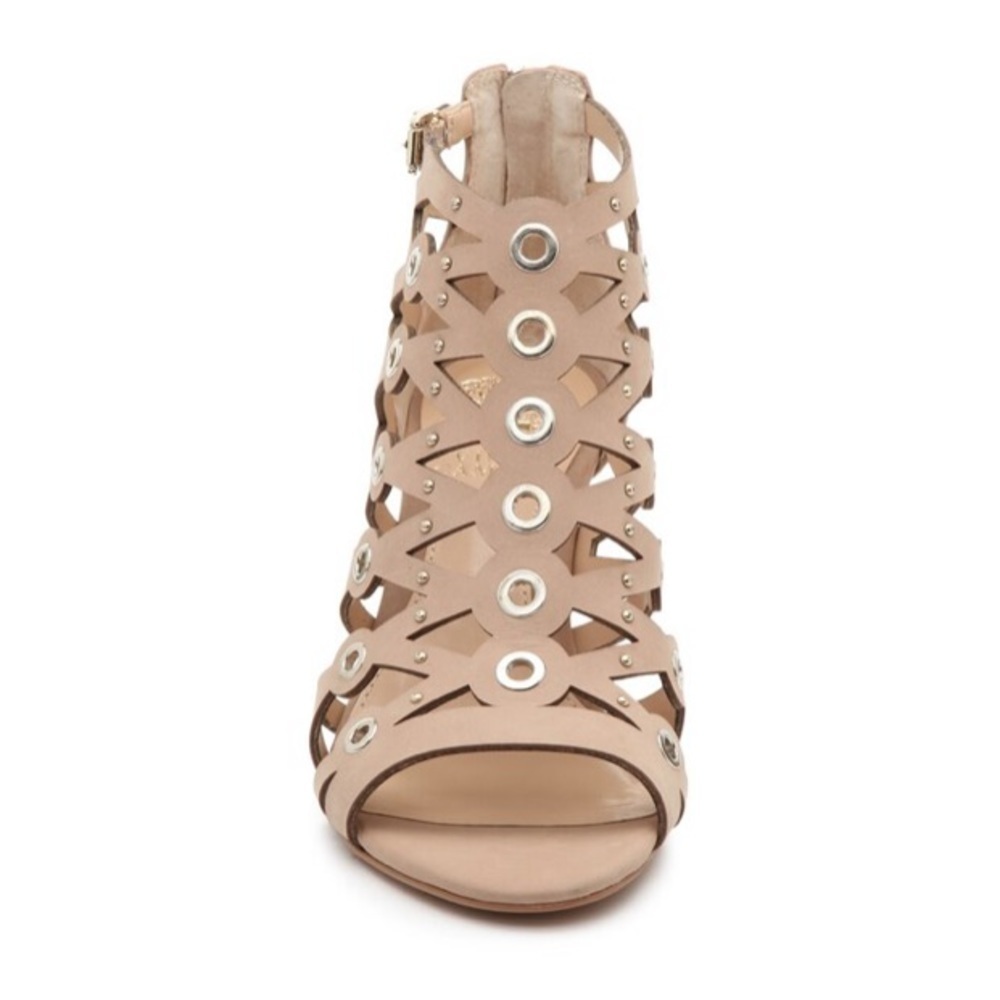 Vince Camuto Mallena Heel 6M Nubuck Leather Grommet Studded Caged 3.25” Sandal